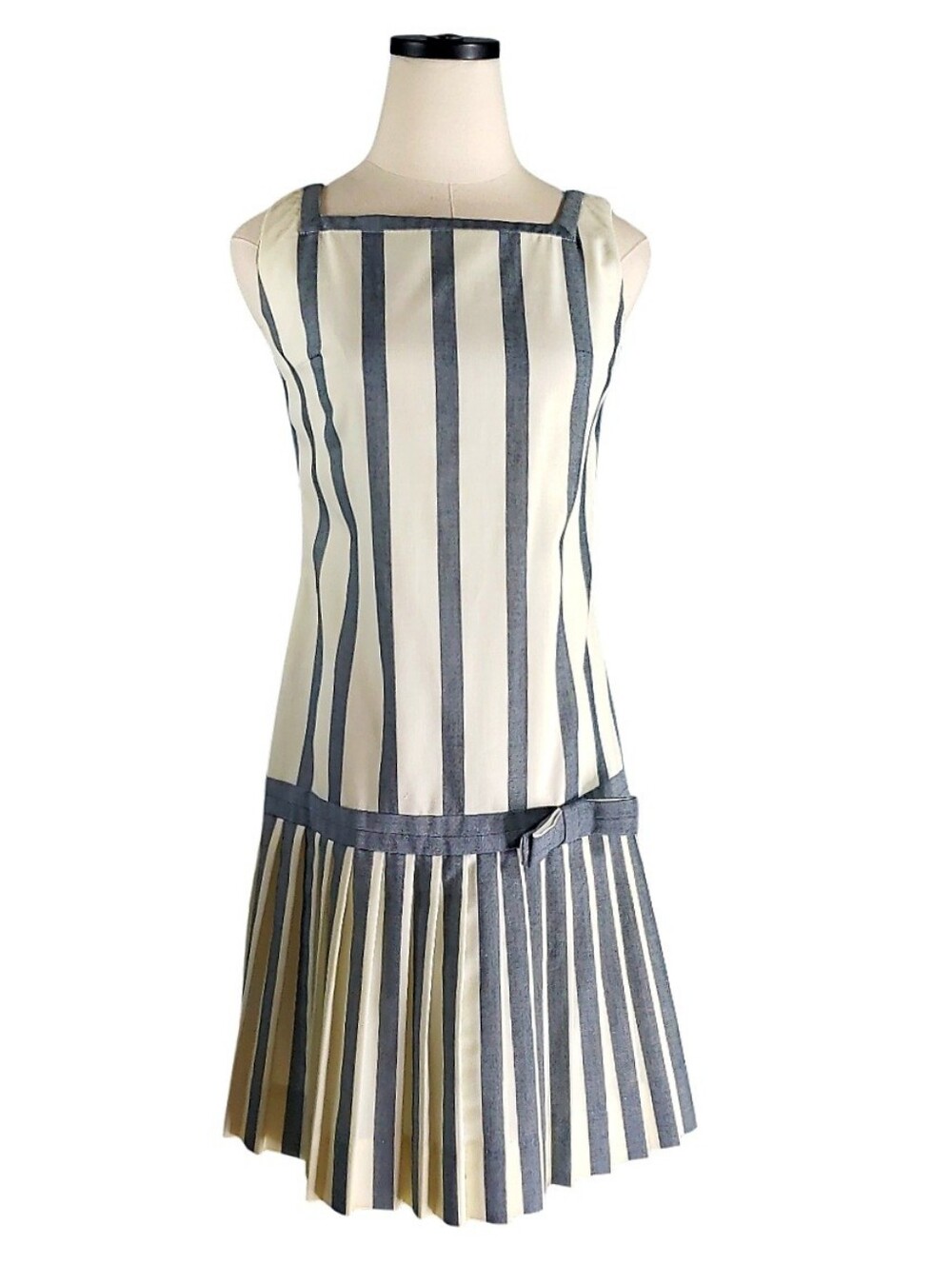 Vintage 60's Square Neck Pleated Drop Waist Cream Gray Striped Shift Dress 2/4